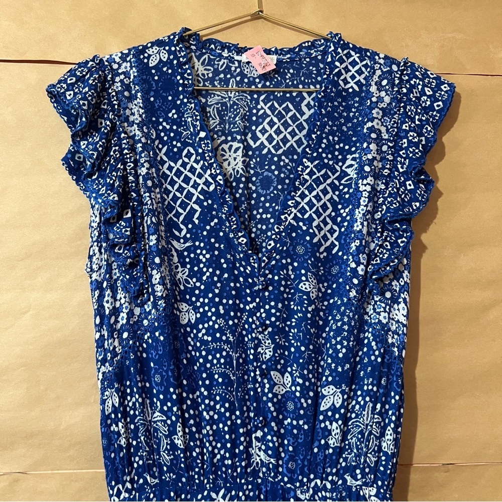 Poupette St Barth | Paulina Midi Dress Ruffle Tiered V-Neck Blue Antibes Size S - Picture 4 of 13